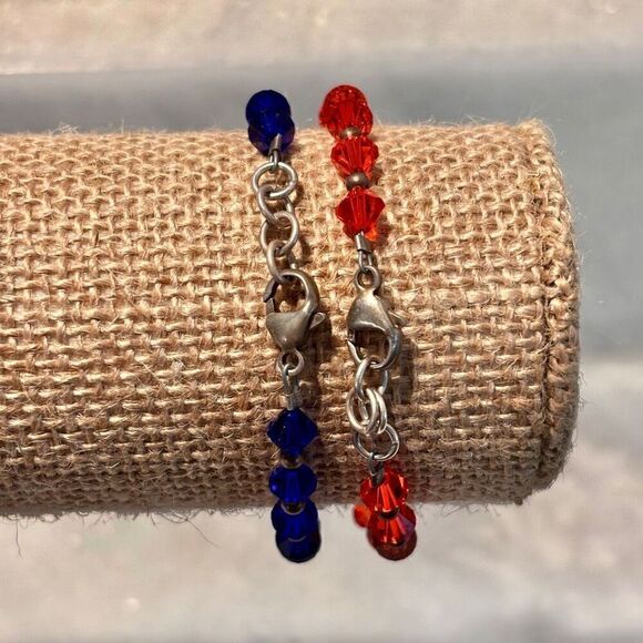 Lot Of 2 Crystal Sterling Silver Chain Adjustable Beaded Bracelet Blue Orange OS - Picture 3 of 4
